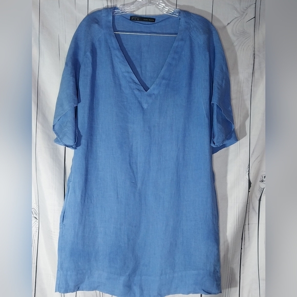 Zara Dresses & Skirts - Zara Basic 100% Linen Blue V-Neck Dress Size S